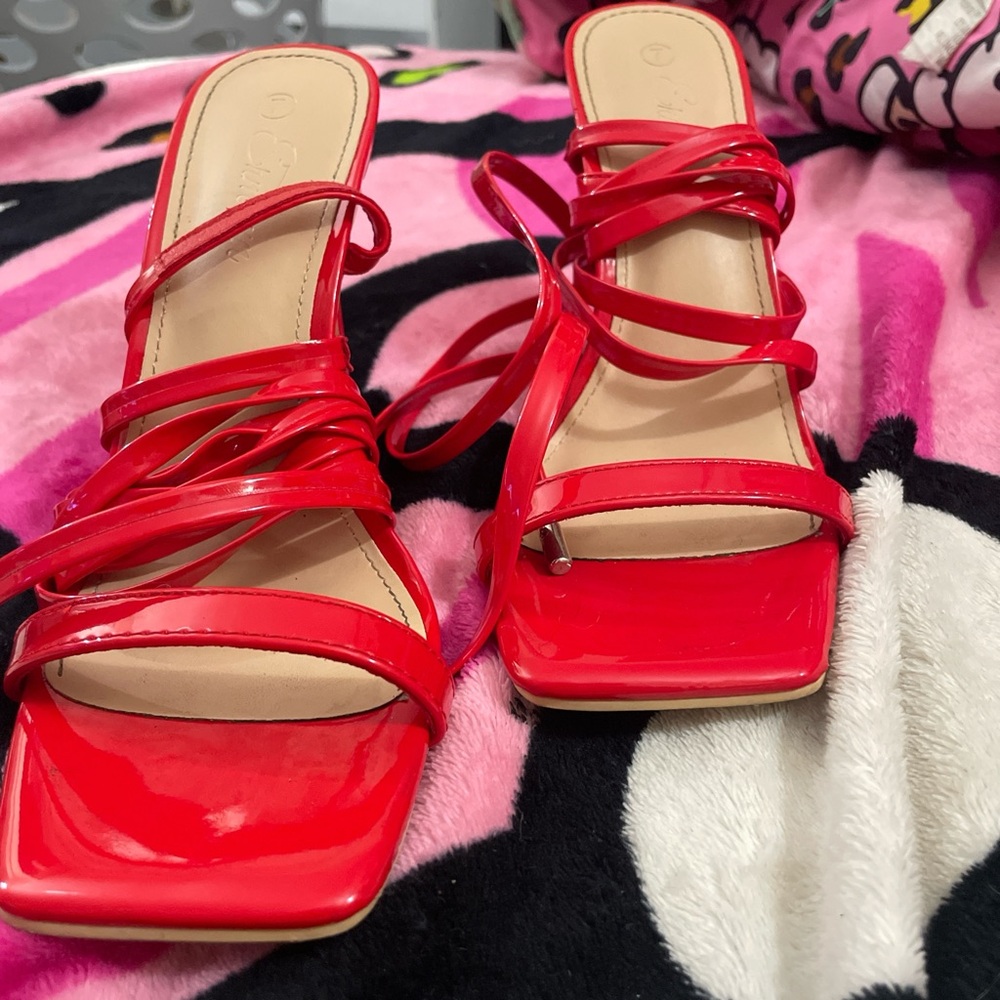 Vibrant Red Square Toe Heels